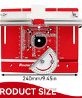 Heavy Duty Aluminum Router Table Insert Plate With Rock Solid Miter Guide Dual Metric Imperial Angle Scales And Rotating Sliding Ruler For Hassle Free Woodworking Setup Red dimensions and features overview.