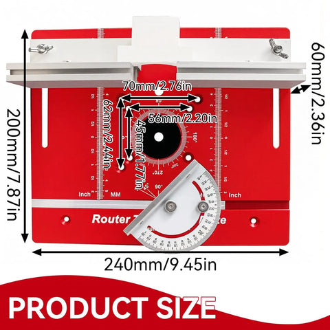 Heavy Duty Aluminum Router Table Insert Plate With Rock Solid Miter Guide Dual Metric Imperial Angle Scales And Rotating Sliding Ruler For Hassle Free Woodworking Setup Red dimensions and features overview.