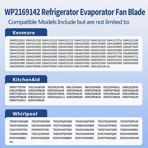 Chart of compatible models for upgraded refrigerator evaporator fan blade replacement, including Kenmore, KitchenAid, and Whirlpool.