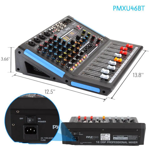 Side view of 4 Channel Bluetooth Studio Mixer DJ Controller Interface With USB Recording for PC and Mac XLR Microphone Input and 48V Phantom Power, showing dimensions and rear power input.