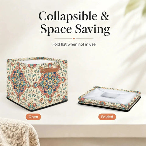 Straight Up 13 Inch Foldable Cube Storage Bin With Heavy Duty Handles For Closet Organization And Nursery Supplies Waterproof Flower Pattern Basket, shown open and folded.