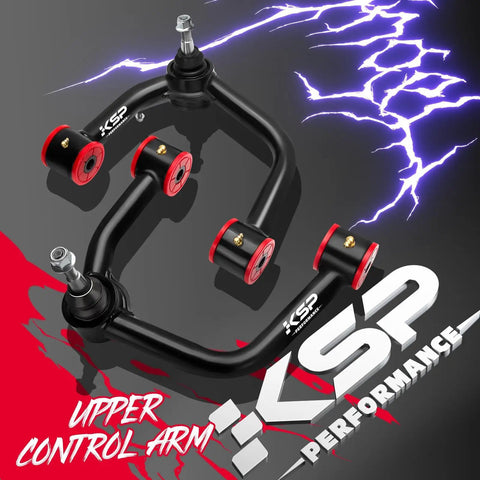 Two To Four Inch Adjustable Front Upper Control Arms For Toyota Tacoma 2004 2023 And Hilux Fortuner Prerunner 2005 2023 Front Steel Tubular UCA Built Tough With 1.25 Inch DOM Tubing Right And Left Sides black steel tubular upper control arms with red bushings