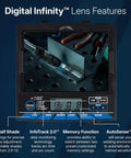 Digital display of Infinity Auto Darkening Welding Helmet controls and features, showing lens settings and adjustments.