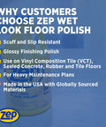 Wet Look Floor Polish 1 Gallon for a Killer Gloss, Long Lasting Shine on Hardwood, Tile, Vinyl and Concrete with features text