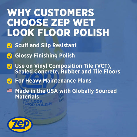 Wet Look Floor Polish 1 Gallon for a Killer Gloss, Long Lasting Shine on Hardwood, Tile, Vinyl and Concrete with features text
