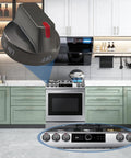 Kitchen view with Premium 5 Pack Black Stainless Gas Range Knobs Replacement for Samsung NX58J5600SG stoves.