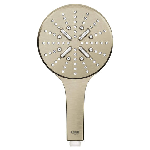 Three-Setting Handheld Rain Shower Head With Rain Jet And ActiveMassage Modes Brushed Nickel Infinity Finish front view