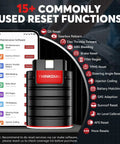 Bluetooth OBD2 Scanner With Full System Bidirectional Diagnostics OE Level Code Reader ECU Function 15 Plus Reset Services FCA AutoAuth All Software 1 Year Updates Works With iOS And Android, displaying 15+ reset functions and connected smartphone.