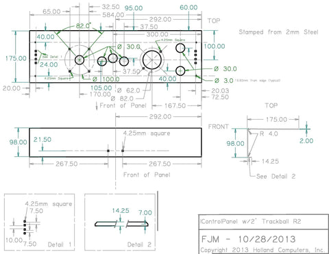 Blueprint of Multicade Full Size Arcade Control Panel With 2 Inch Trackball Hole For Upright Cabinets No Adapter Plate Needed.
