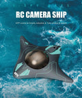WiFi RC Underwater Camera Boat With HD Lens, 6 Channel Gravity Control over ocean waves, showing sleek design and features text