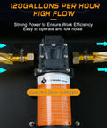 12V Fuel Transfer Pump Delivers Up To 120 Gallons Per Hour For Gas Or Diesel, pump close-up, high flow with orange label