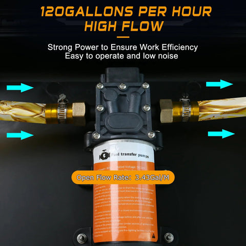12V Fuel Transfer Pump Delivers Up To 120 Gallons Per Hour For Gas Or Diesel, pump close-up, high flow with orange label