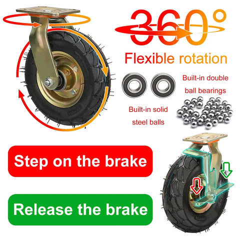 Heavy Duty Outdoor Caster Wheels Pair With 360 Swivel And Fixed Rolling Modes Featuring Durable Rubber Tires And Steel Mounts Running Smooth Like Butter For Daily Hauls, showing flexible rotation and braking instructions.