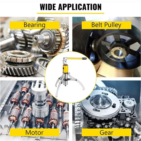 Heavy Duty 15 Ton Hydraulic Gear Puller And Wheel Bearing Separator With Adjustable 3 Jaws For Pulling Hubs Flanges Gears in use on various mechanical components.