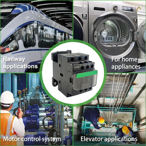 Non-Reversing 3-Pole Contactor With 120VAC Coil, 9 Amp, 1NO 1NC Auxiliary showcased with various industrial applications.