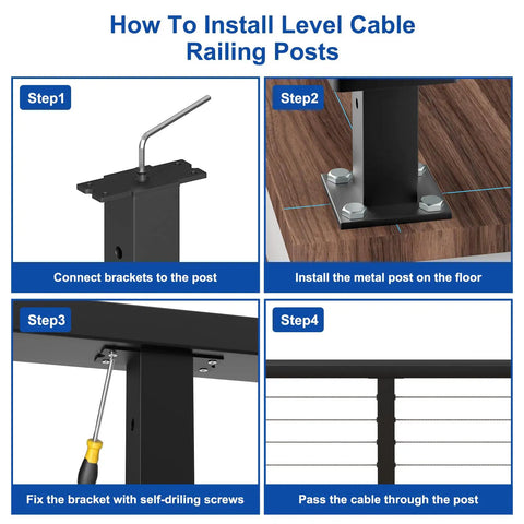 DIY Cable Railing Kit For Decks And Stairs, Black Level Drilled Posts, Swageless System With 4 Post Set, 36 Inch Railing Posts, One Eighth Inch Stainless Steel Cable, 300 Feet Total, No Handrail