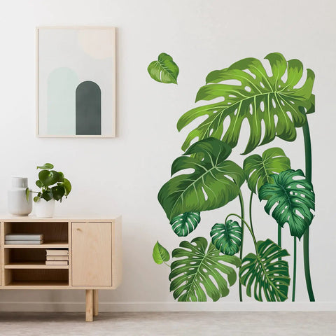 Lush Green Tropical Jungle Leaves Wall Decals Set Four Large Sheets Peel and Stick Removable Monstera and Palm Tree Murals on wall