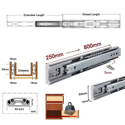Detailed view of Soft Close Drawer Slides 30 Inch Heavy Duty Self Closing Cabinet Drawer Runners with dimensions and load capacity.