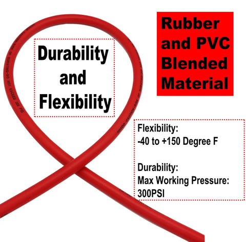 Pro Grade All Weather Air Hose Three Eighths Inch By Fifty Feet 300 PSI Heavy Duty Workhorse Lightweight Kink Resistant, red hose loop
