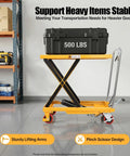 Solid Frame Hydraulic Scissor Lift Table Cart With Five Hundred Pound Capacity And Four Quiet Rollers showcasing sturdy lifting arms and a black storage box.