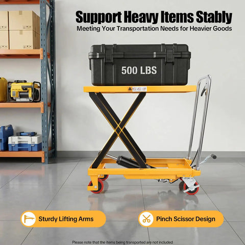 Solid Frame Hydraulic Scissor Lift Table Cart With Five Hundred Pound Capacity And Four Quiet Rollers showcasing sturdy lifting arms and a black storage box.