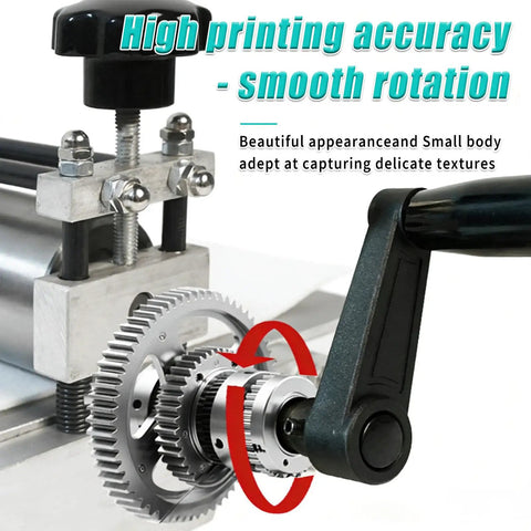 Manual roller and hand crank detail of Desktop Intaglio Relief Printmaking Press With Pro Grade Steel Plate for fine art prints