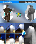 Comparison of adjustable mounting arm for LED barn lights showing rotatable arm vs fixed arm at night, highlighting angle control.