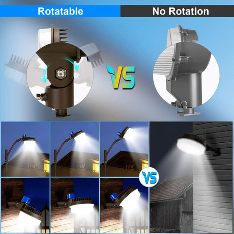 Comparison of adjustable mounting arm for LED barn lights showing rotatable arm vs fixed arm at night, highlighting angle control.