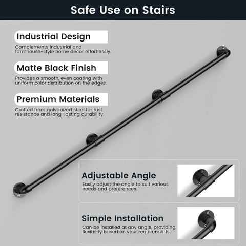 Rock Solid Industrial Pipe Handrail Wall Mounted For Indoor And Outdoor Steps Hella Tough Black Galvanized Metal vintage design with adjustable angle