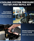 Grease Monkey Approved 31-Piece Coolant Pressure Tester Kit With 23 Radiator Adapters Vacuum Purge Refill Wand in use for engine diagnostics.