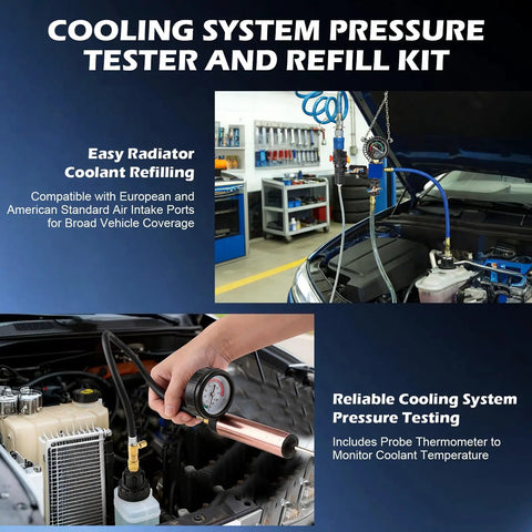 Grease Monkey Approved 31-Piece Coolant Pressure Tester Kit With 23 Radiator Adapters Vacuum Purge Refill Wand in use for engine diagnostics.