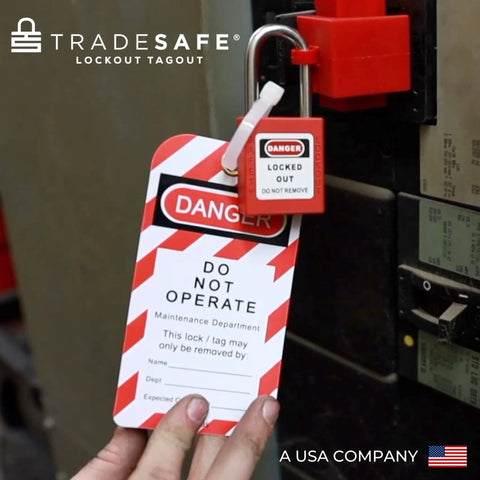 Heavy Duty Lockout Tagout Tags With Nylon Zip Ties Osha Compliant Danger Do Not Operate Signs on industrial equipment.