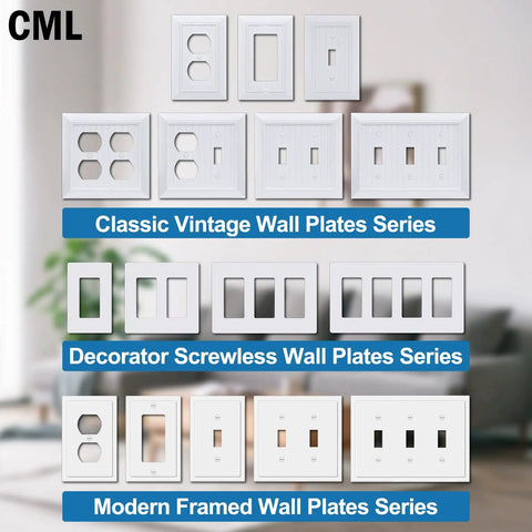 Assorted CML wall plates including 3 Gang Screwless Decorator Wall Plates 2 Pack Slick Flush Mount Light Switch Covers, Glossy White.