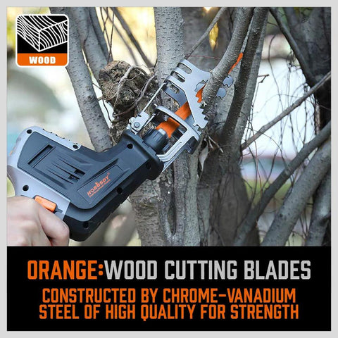 HORUSDY 40-piece reciprocating saw blade set for wood and metal; blades mounted on a gray-orange saw.