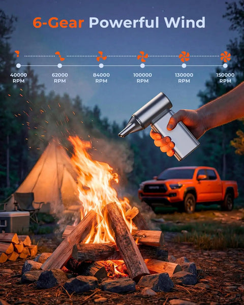 High Power Electric Air Duster With 150000 RPM Turbo Fan And 6 Adjustable Speeds used outdoors near a campfire.