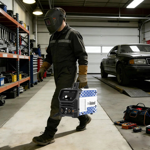 Person holding Garage Ready 210A 4 In 1 Mig Tig Stick Welder 120V Gas Or Gasless Flux Core Mig Lift Tig IGBT Inverter in garage