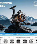 Spinning fishing reel for Telescopic Fishing Rod And Reel Combo With Tackle Box And Collapsible Rod And Lures Kit, on rock by lake.