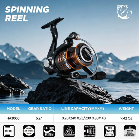 Spinning fishing reel for Telescopic Fishing Rod And Reel Combo With Tackle Box And Collapsible Rod And Lures Kit, on rock by lake.