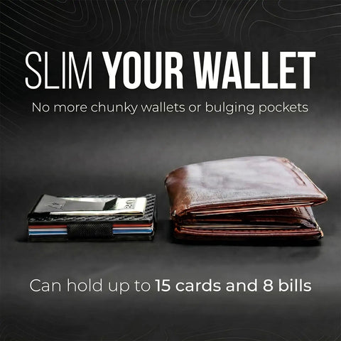 Ultra Slim Minimalist Wallet For Men And Women With RFID Blocking, Money Clip And Card Holder next to bulky wallet.