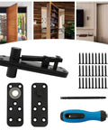 Rock Solid Heavy Duty Invisible Door Hinges With Sleek Hidden Pivot Bracket components, screws, and screwdriver shown for installation.