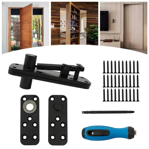 Heavy Duty Invisible Door Hinges Built Tough As Nails With Smooth Rolling 360 Degree Action And Sleek Black Coating That Delivers Zero Drama On Any Interior Door components including hinge, plates, screws, and screwdriver.