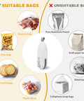 2 In 1 Heat Sealer And Cutter For Snack Bags, Portable Bag Sealer Resealer Machine surrounded by suitable and unsuitable bag types