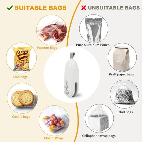 2 In 1 Heat Sealer And Cutter For Snack Bags, Portable Bag Sealer Resealer Machine surrounded by suitable and unsuitable bag types