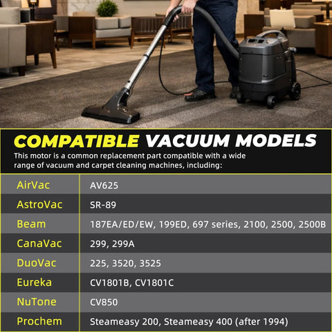 Front view of a wheeled carpet cleaning vacuum with wand, in a showroom; banner lists compatible vacuum models.