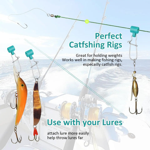 150 Pcs Fishing Line Sinker Slides For Catfishing Rig With Duo Lock Snaps Saltwater Heavy Duty Weights Sinkers Swivel Snap Tackle Box Kit Green For Surf And Bottom Fishing Applications And Catfish Rig Upgrades shown with lures on a fishing rod with ocean background