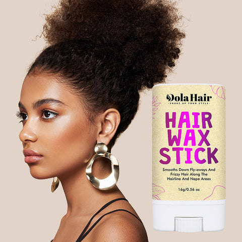Profile view of woman with curly hair next to hair wax stick for Waterproof Lace Wig Glue Kit With 5 Piece Set And Remover.