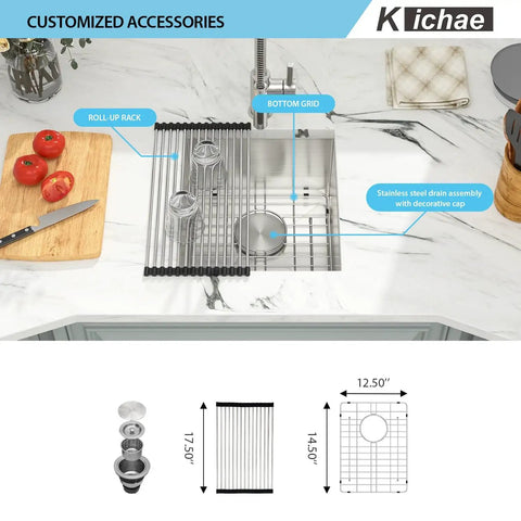 Top view of Undermount 15x17 Inch Bar Prep Sink In 16 Gauge Stainless Steel With Round Corner, showing accessories and drain.