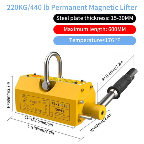 Powerful 440 Lb Neodymium Magnetic Lifter With Release Handle And Steel Hook, Heavy Duty Lifting Magnet For Steel Plates