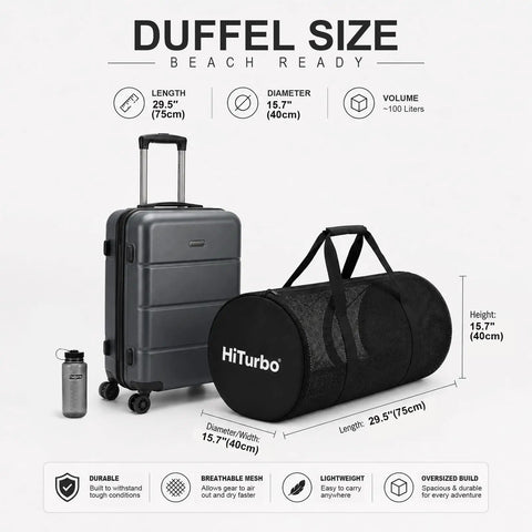 100L Duffel Scuba Bag For Diving And Watersports next to suitcase, showing size comparison and breathable mesh material