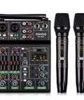 4 Channel Audio Mixer With Dual Wireless Microphones Bluetooth MP3 USB Interface 48V Phantom Power Echo Equalizer Killer